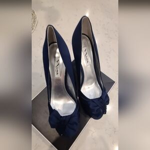 Nina Navy Satin Knot Peep-Toe Pumps